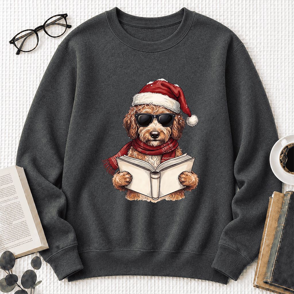 Festive Poodle Reading Printed Sweatshirt | Cozy Christmas Book Lover Gift Dark Heather