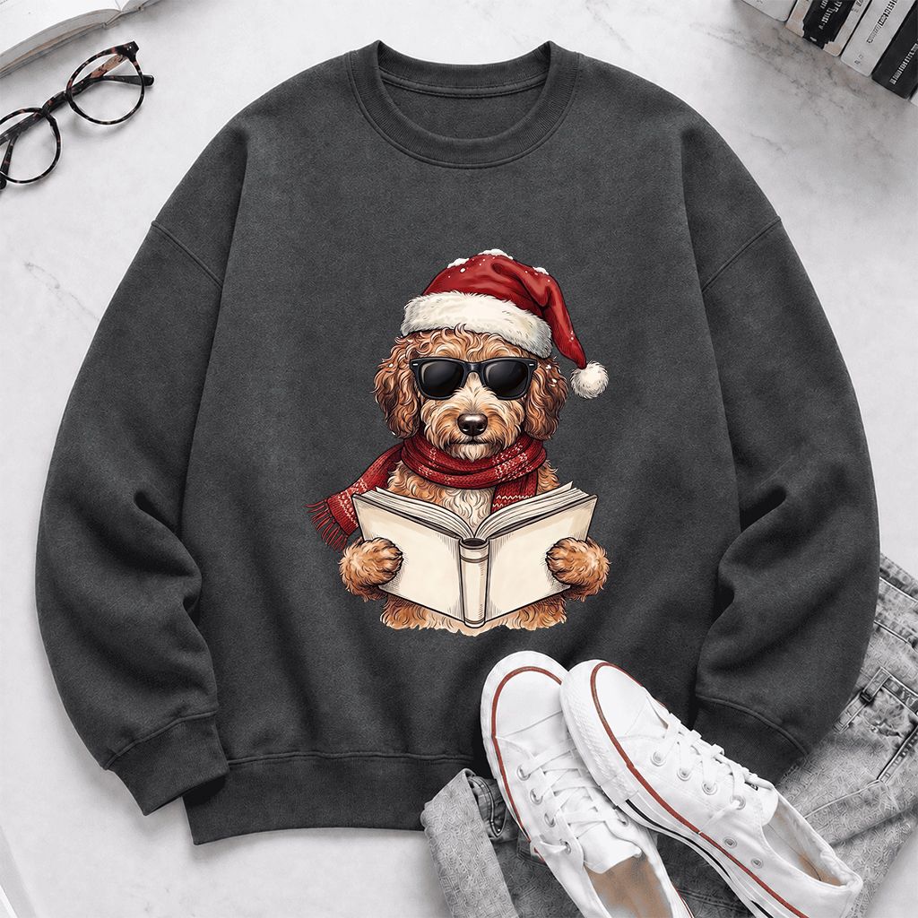 Festive Poodle Reading Printed Sweatshirt | Cozy Christmas Book Lover Gift Dark Heather
