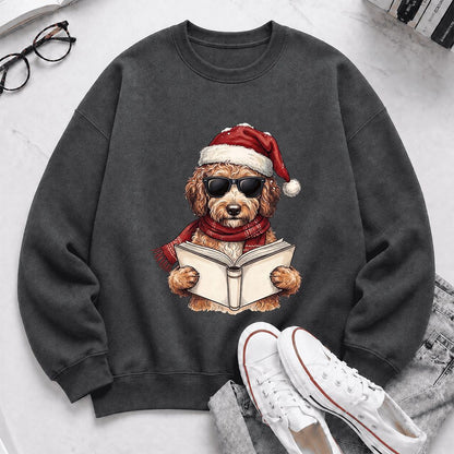 Festive Poodle Reading Printed Sweatshirt | Cozy Christmas Book Lover Gift Dark Heather