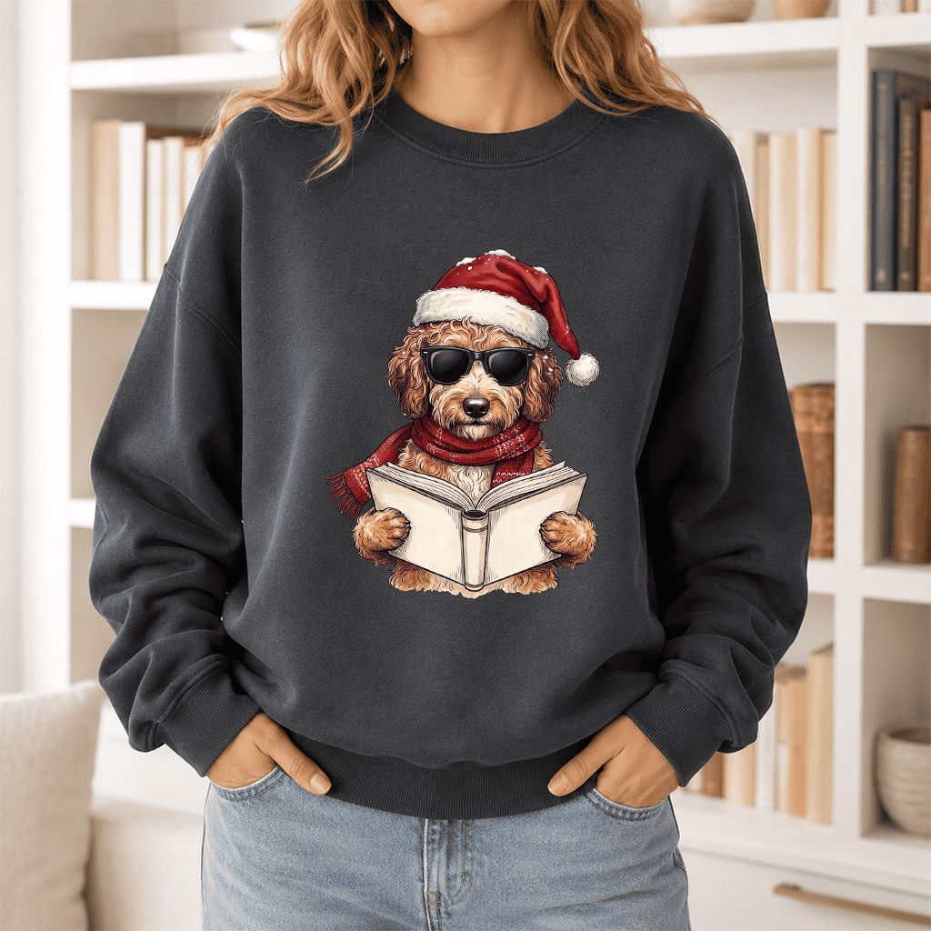 Festive Poodle Reading Printed Sweatshirt | Cozy Christmas Book Lover Gift Dark Heather