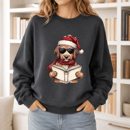 Festive Poodle Reading Printed Sweatshirt | Cozy Christmas Book Lover Gift Dark Heather
