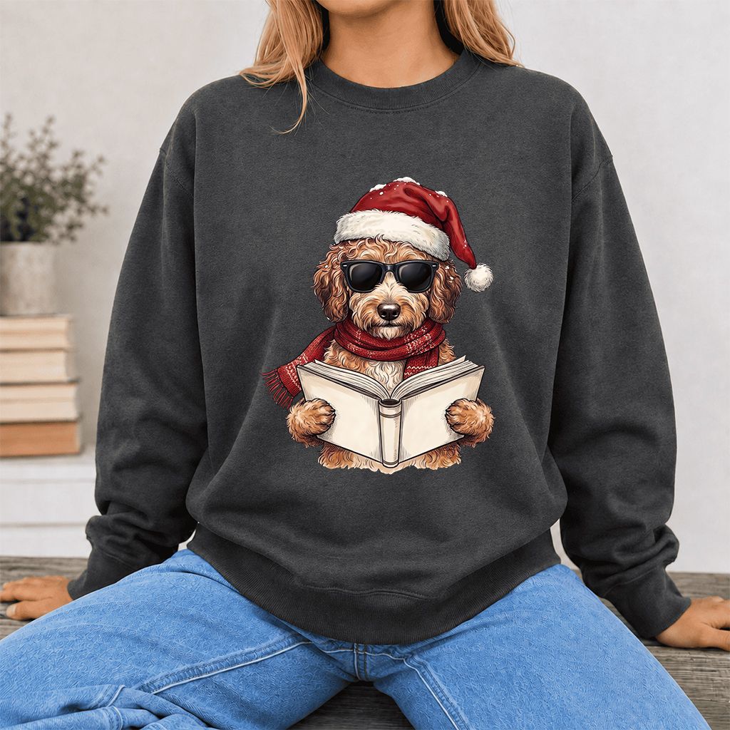 Festive Poodle Reading Printed Sweatshirt | Cozy Christmas Book Lover Gift Dark Heather