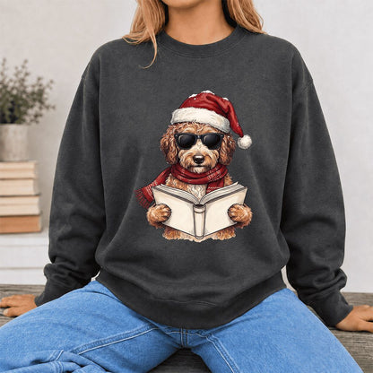 Festive Poodle Reading Printed Sweatshirt | Cozy Christmas Book Lover Gift Dark Heather
