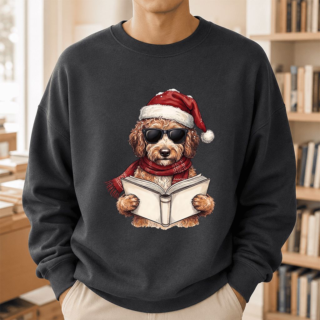 Festive Poodle Reading Printed Sweatshirt | Cozy Christmas Book Lover Gift Dark Heather