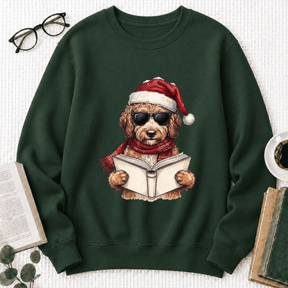 Festive Poodle Reading Printed Sweatshirt | Cozy Christmas Book Lover Gift Forest Green