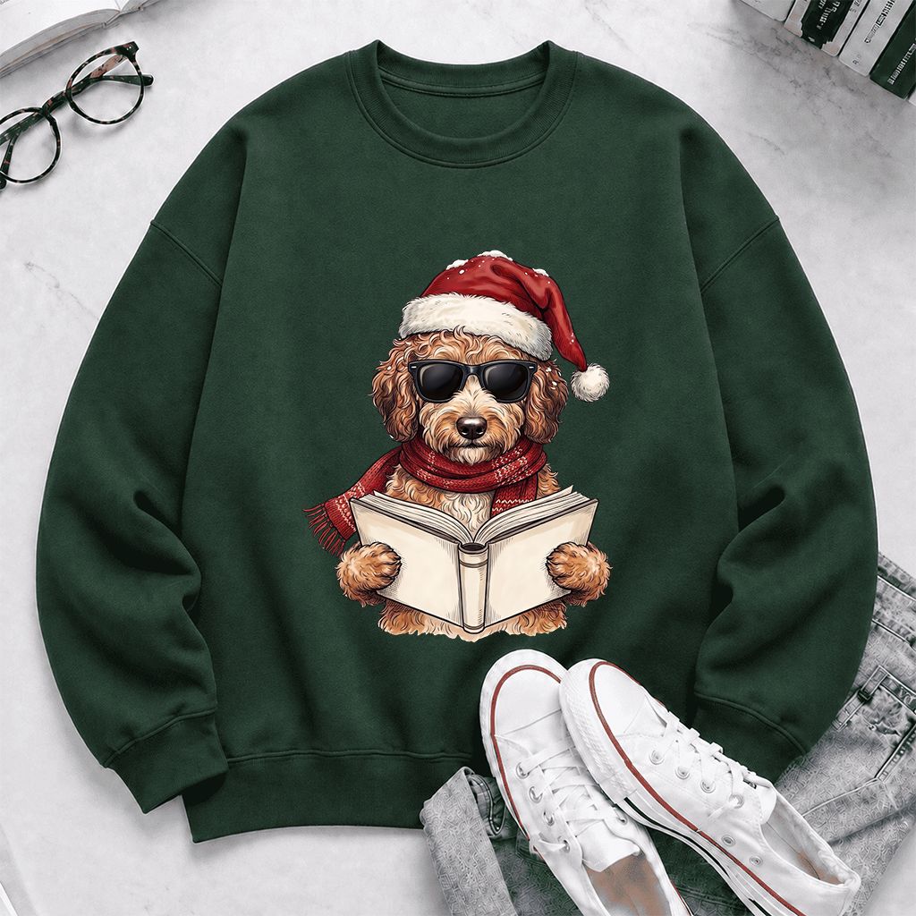 Festive Poodle Reading Printed Sweatshirt | Cozy Christmas Book Lover Gift Forest Green