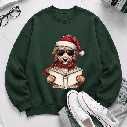 Festive Poodle Reading Printed Sweatshirt | Cozy Christmas Book Lover Gift Forest Green