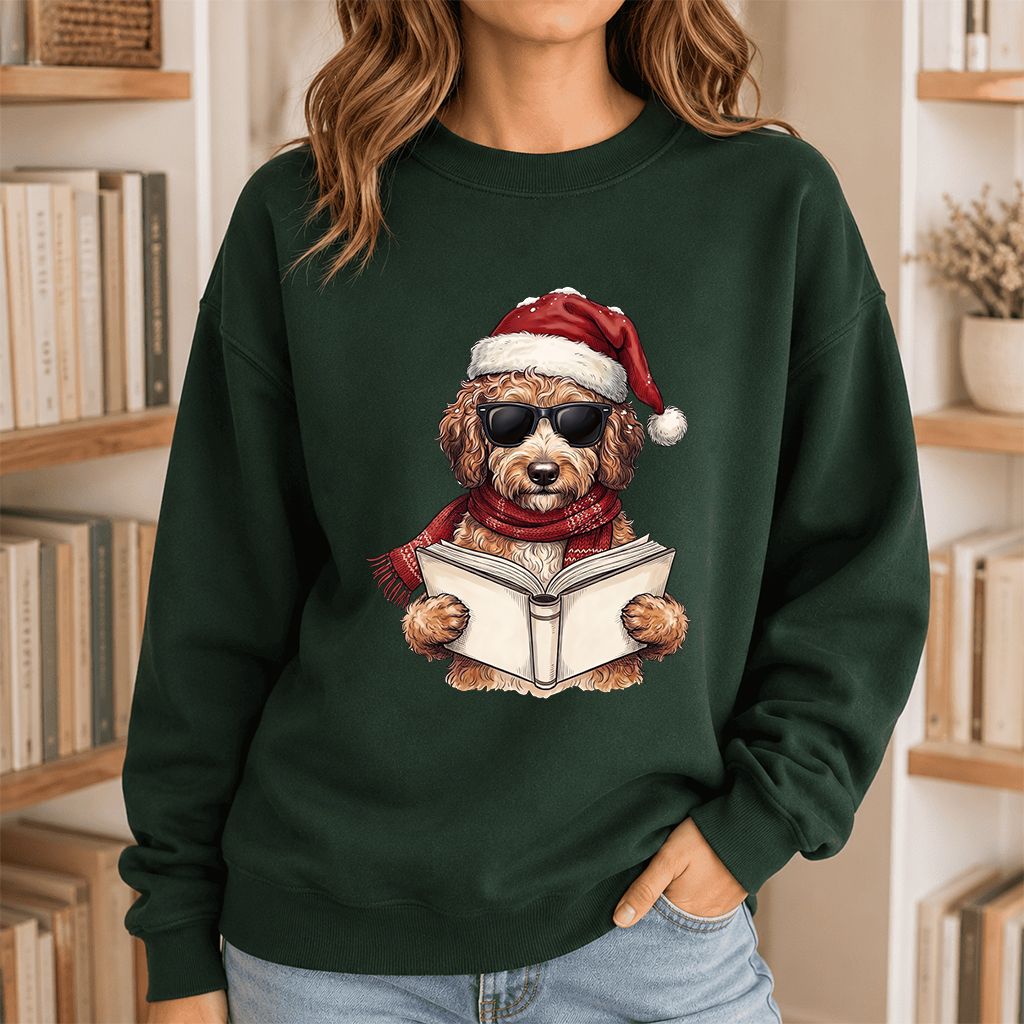 Festive Poodle Reading Printed Sweatshirt | Cozy Christmas Book Lover Gift Forest Green