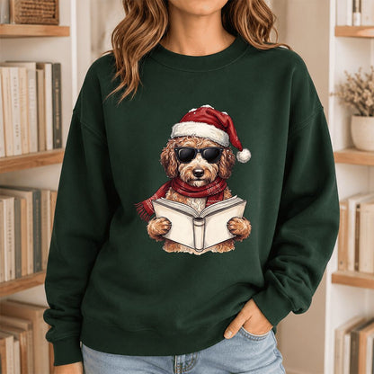 Festive Poodle Reading Printed Sweatshirt | Cozy Christmas Book Lover Gift Forest Green