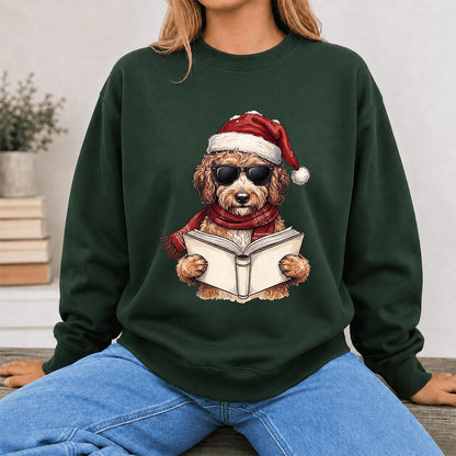 Festive Poodle Reading Printed Sweatshirt | Cozy Christmas Book Lover Gift Forest Green