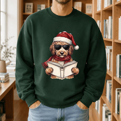 Festive Poodle Reading Printed Sweatshirt | Cozy Christmas Book Lover Gift Forest Green
