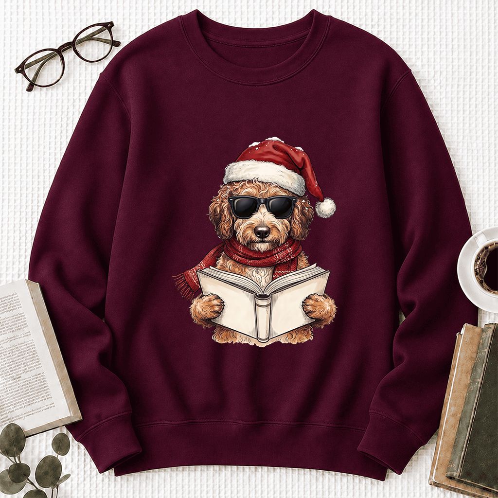 Festive Poodle Reading Printed Sweatshirt | Cozy Christmas Book Lover Gift Maroon