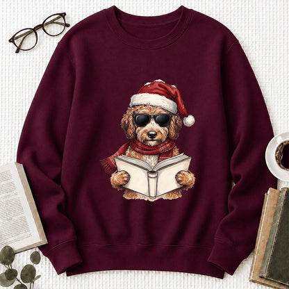 Festive Poodle Reading Printed Sweatshirt | Cozy Christmas Book Lover Gift Maroon