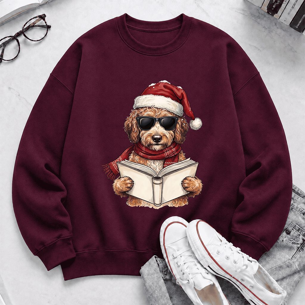Festive Poodle Reading Printed Sweatshirt | Cozy Christmas Book Lover Gift Maroon