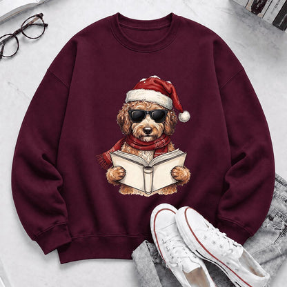 Festive Poodle Reading Printed Sweatshirt | Cozy Christmas Book Lover Gift Maroon