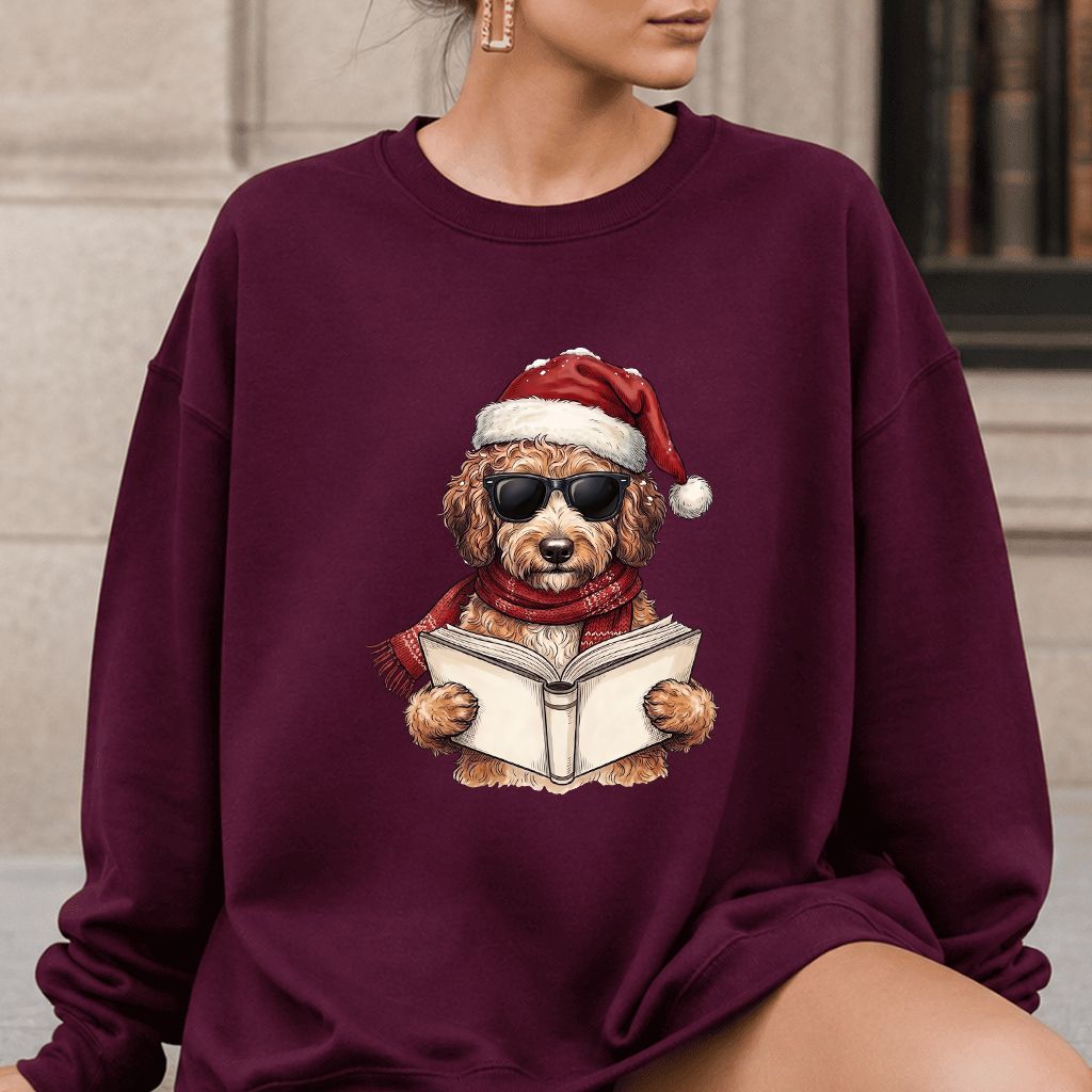 Festive Poodle Reading Printed Sweatshirt | Cozy Christmas Book Lover Gift Maroon