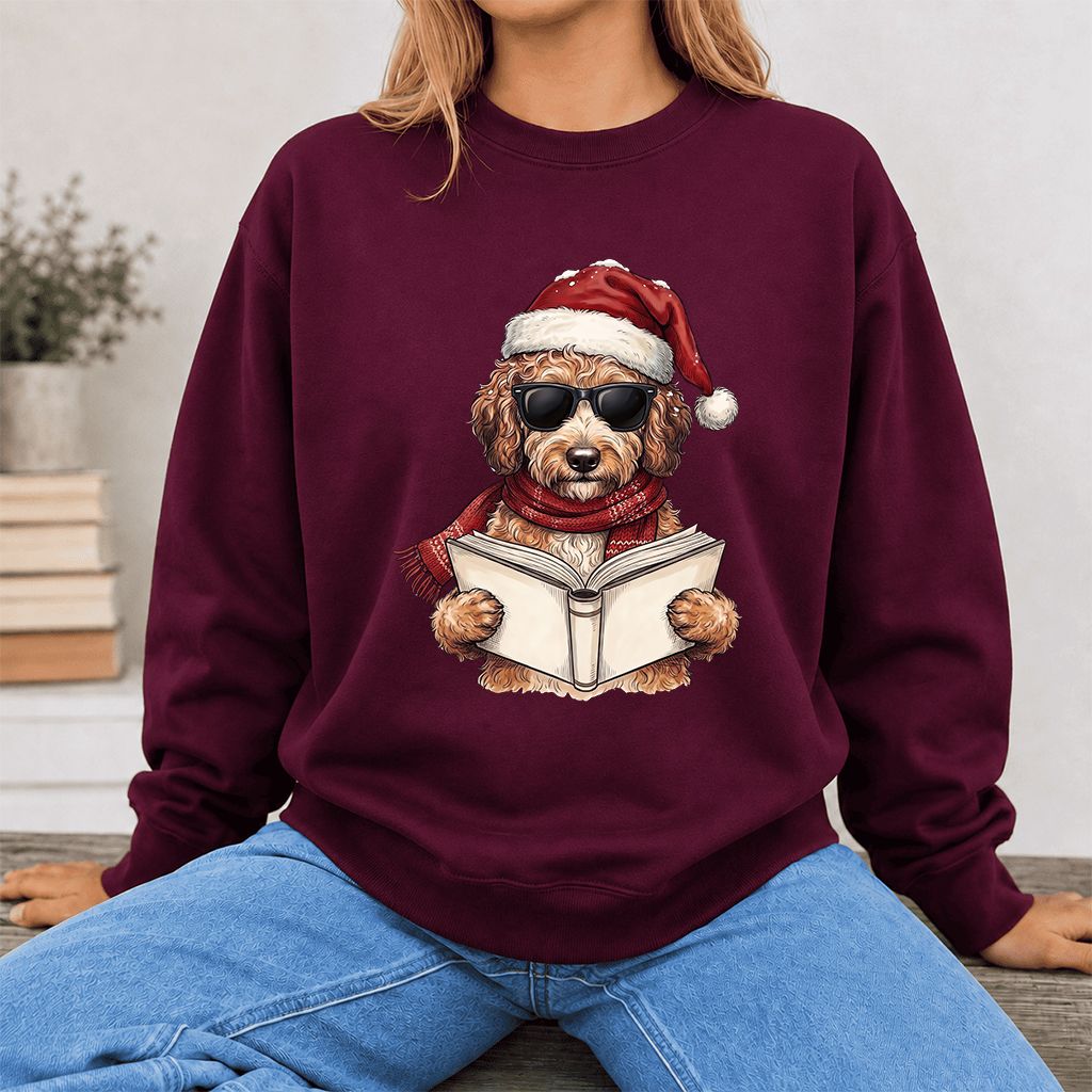 Festive Poodle Reading Printed Sweatshirt | Cozy Christmas Book Lover Gift Maroon