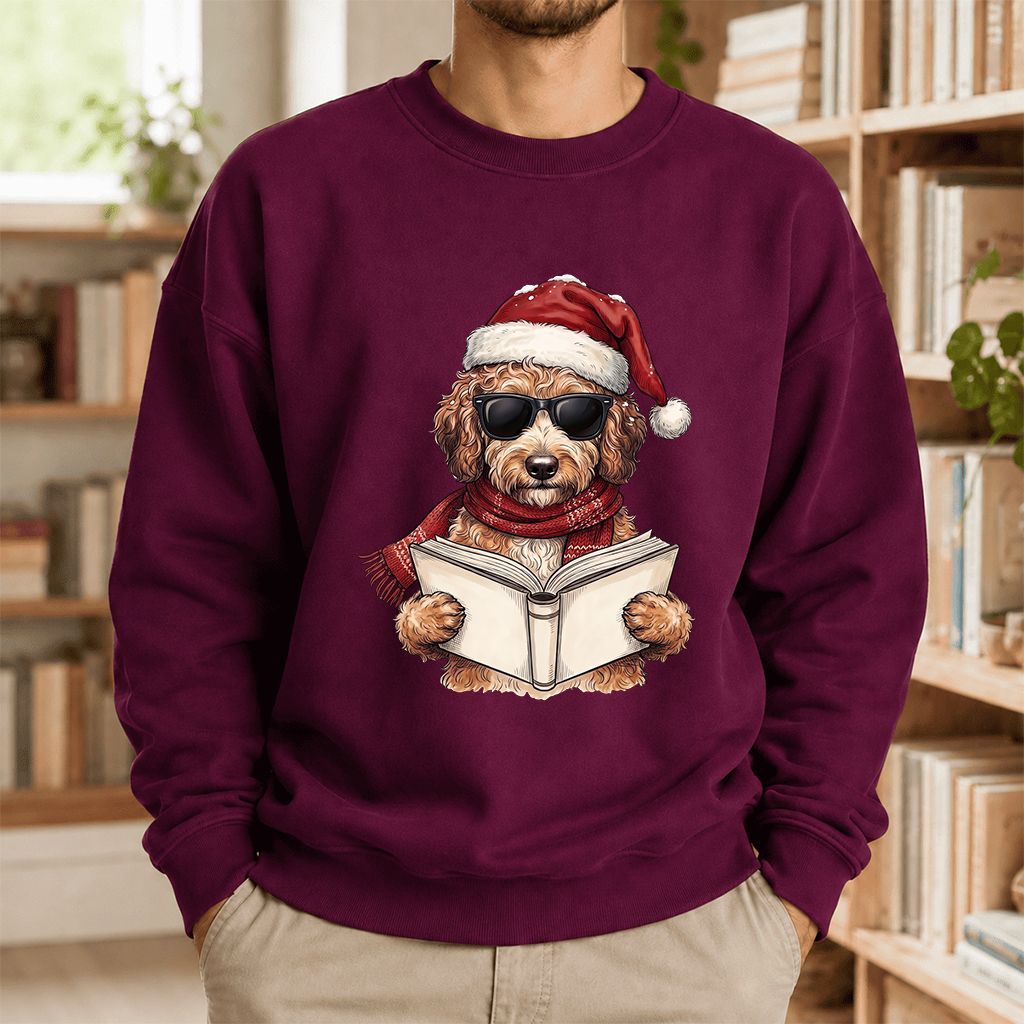 Festive Poodle Reading Printed Sweatshirt | Cozy Christmas Book Lover Gift Maroon