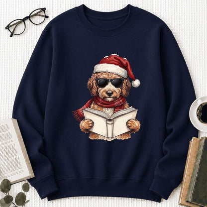 Festive Poodle Reading Printed Sweatshirt | Cozy Christmas Book Lover Gift Navy
