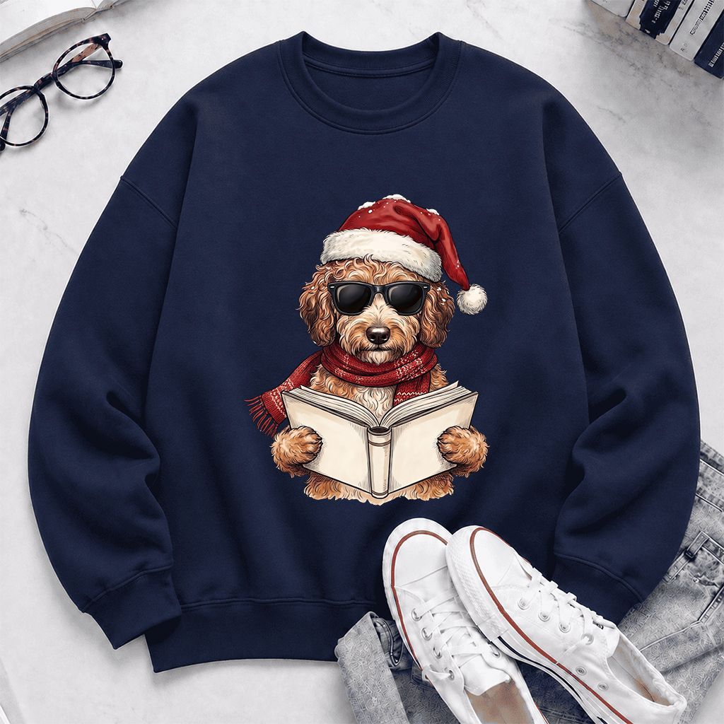 Festive Poodle Reading Printed Sweatshirt | Cozy Christmas Book Lover Gift Navy