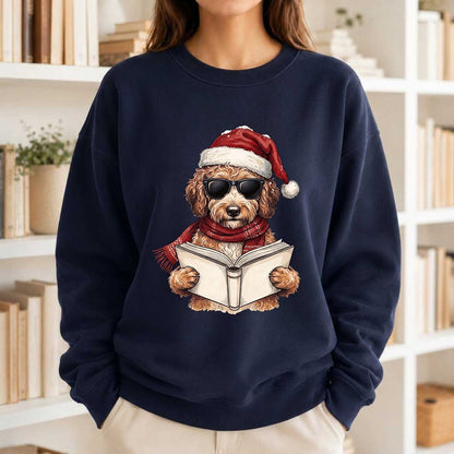Festive Poodle Reading Printed Sweatshirt | Cozy Christmas Book Lover Gift Navy
