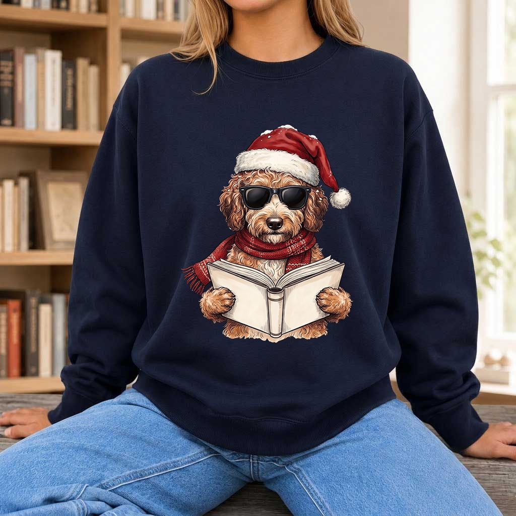 Festive Poodle Reading Printed Sweatshirt | Cozy Christmas Book Lover Gift Navy