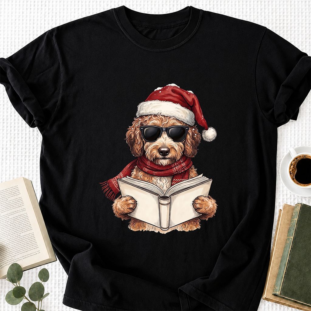Festive Poodle Reading Printed T-Shirt | Cozy Christmas Book Lover Gift Black