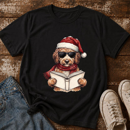 Festive Poodle Reading Printed T-Shirt | Cozy Christmas Book Lover Gift Black