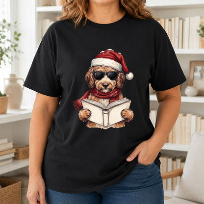 Festive Poodle Reading Printed T-Shirt | Cozy Christmas Book Lover Gift Black