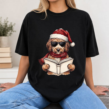 Festive Poodle Reading Printed T-Shirt | Cozy Christmas Book Lover Gift Black