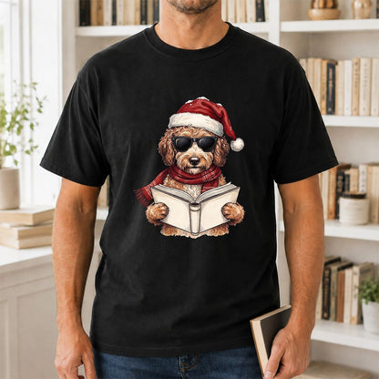Festive Poodle Reading Printed T-Shirt | Cozy Christmas Book Lover Gift Black