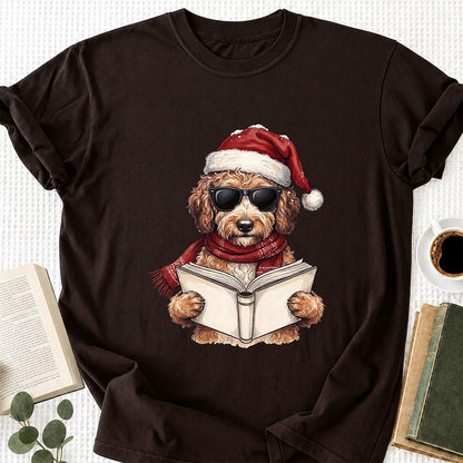 Festive Poodle Reading Printed T-Shirt | Cozy Christmas Book Lover Gift Dark Chocolate