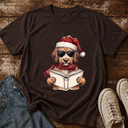 Festive Poodle Reading Printed T-Shirt | Cozy Christmas Book Lover Gift Dark Chocolate
