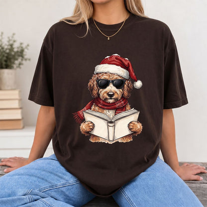 Festive Poodle Reading Printed T-Shirt | Cozy Christmas Book Lover Gift Dark Chocolate