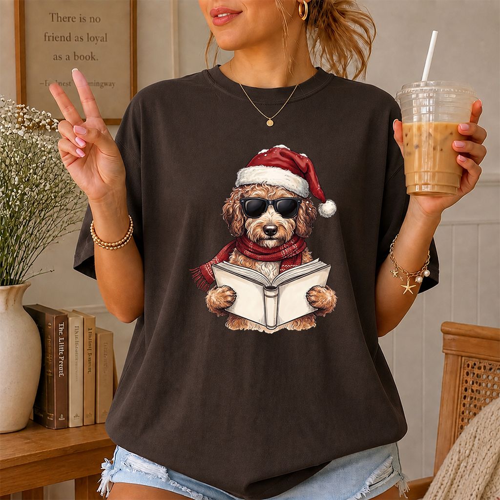 Festive Poodle Reading Printed T-Shirt | Cozy Christmas Book Lover Gift Dark Chocolate