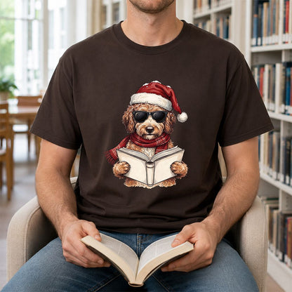 Festive Poodle Reading Printed T-Shirt | Cozy Christmas Book Lover Gift Dark Chocolate