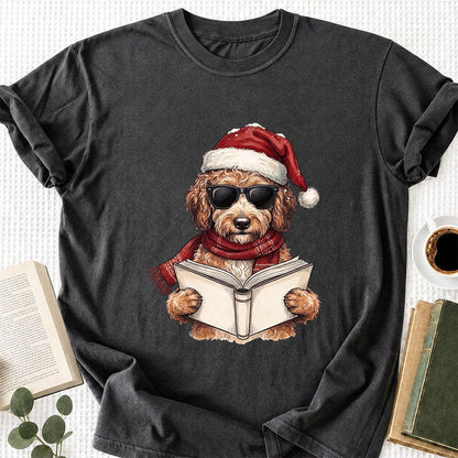 Festive Poodle Reading Printed T-Shirt | Cozy Christmas Book Lover Gift Dark Heather