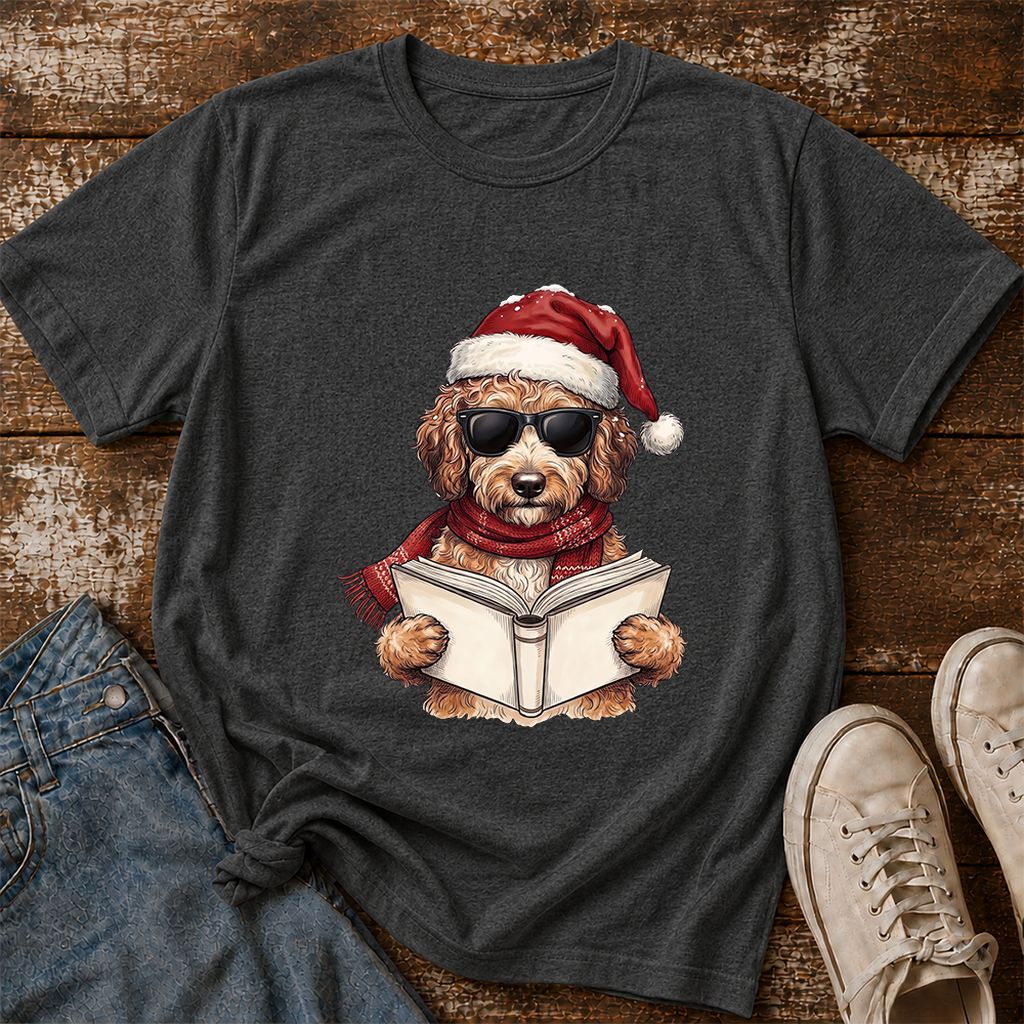Festive Poodle Reading Printed T-Shirt | Cozy Christmas Book Lover Gift Dark Heather