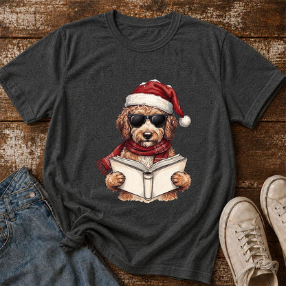 Festive Poodle Reading Printed T-Shirt | Cozy Christmas Book Lover Gift Dark Heather