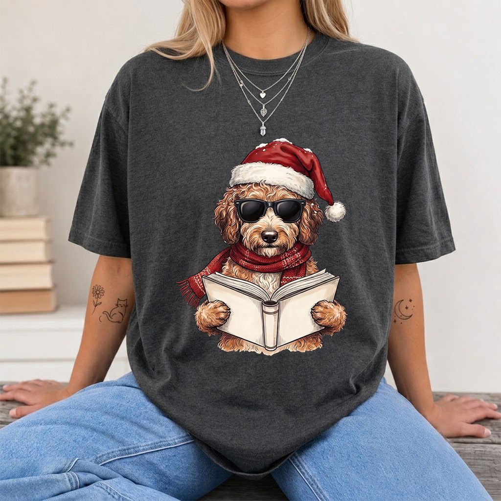 Festive Poodle Reading Printed T-Shirt | Cozy Christmas Book Lover Gift Dark Heather