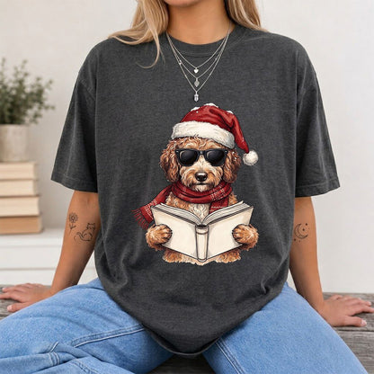 Festive Poodle Reading Printed T-Shirt | Cozy Christmas Book Lover Gift Dark Heather
