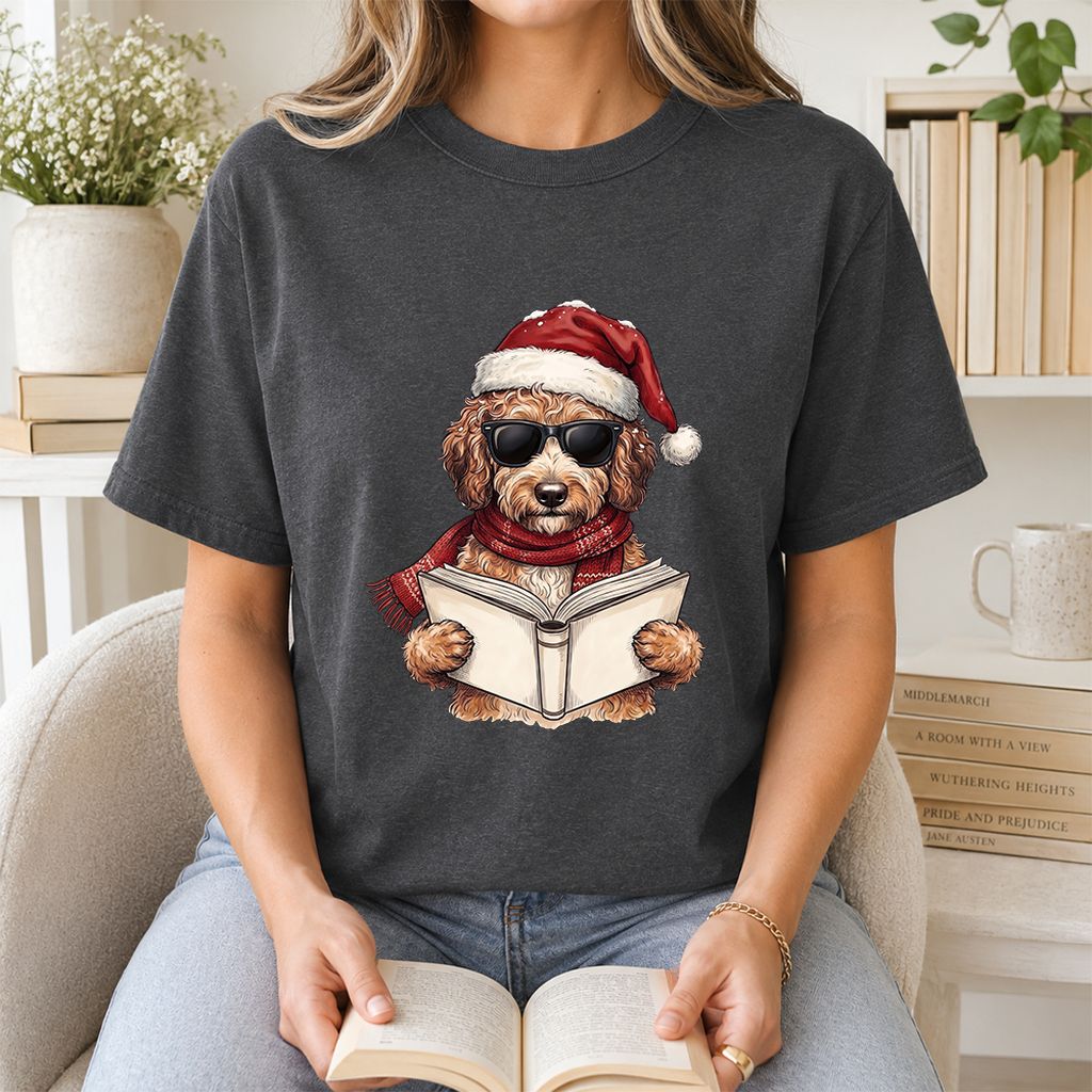 Festive Poodle Reading Printed T-Shirt | Cozy Christmas Book Lover Gift Dark Heather