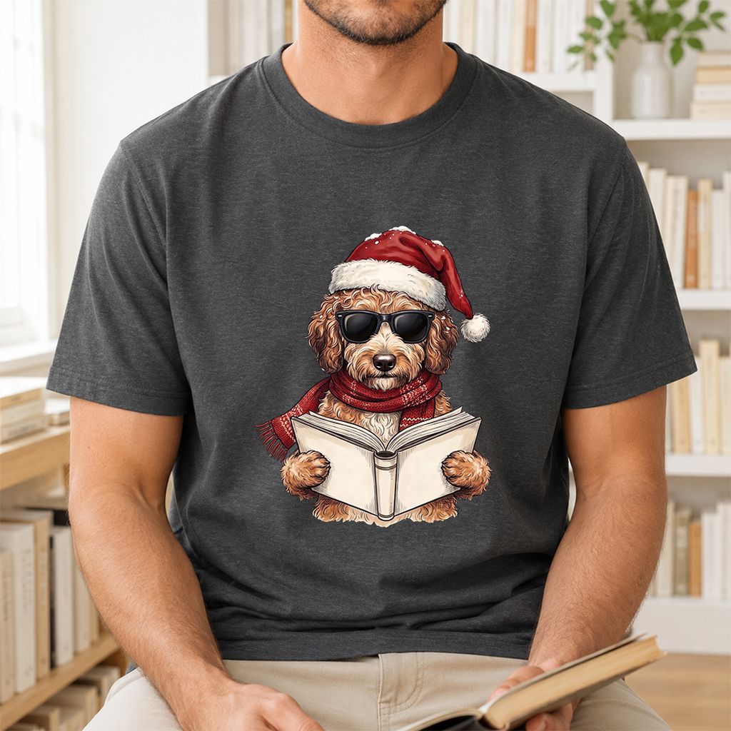 Festive Poodle Reading Printed T-Shirt | Cozy Christmas Book Lover Gift Dark Heather