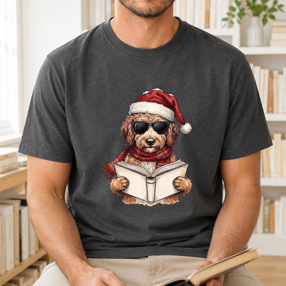 Festive Poodle Reading Printed T-Shirt | Cozy Christmas Book Lover Gift Dark Heather