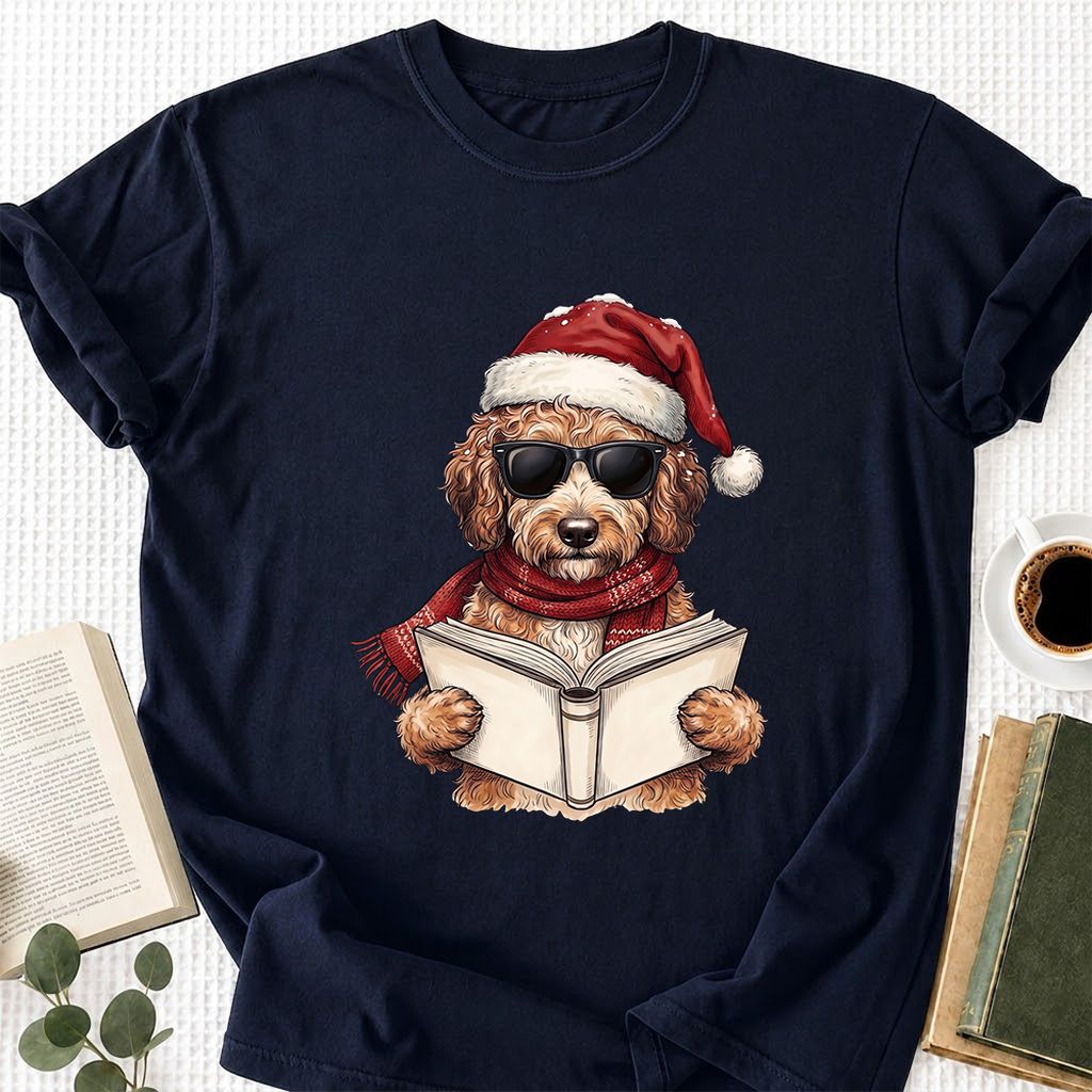 Festive Poodle Reading Printed T-Shirt | Cozy Christmas Book Lover Gift Navy
