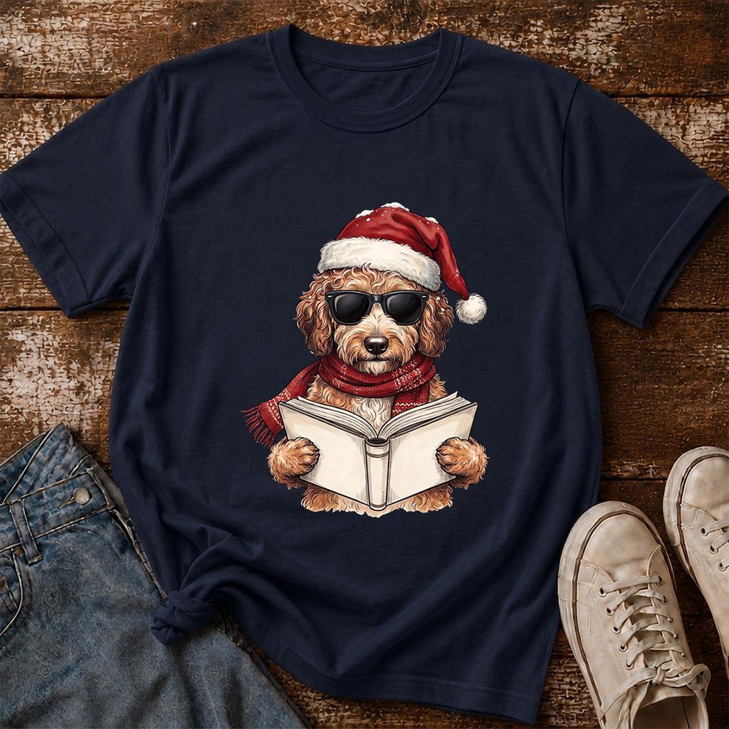 Festive Poodle Reading Printed T-Shirt | Cozy Christmas Book Lover Gift Navy