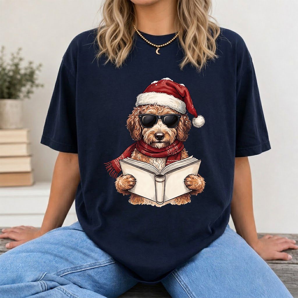 Festive Poodle Reading Printed T-Shirt | Cozy Christmas Book Lover Gift Navy