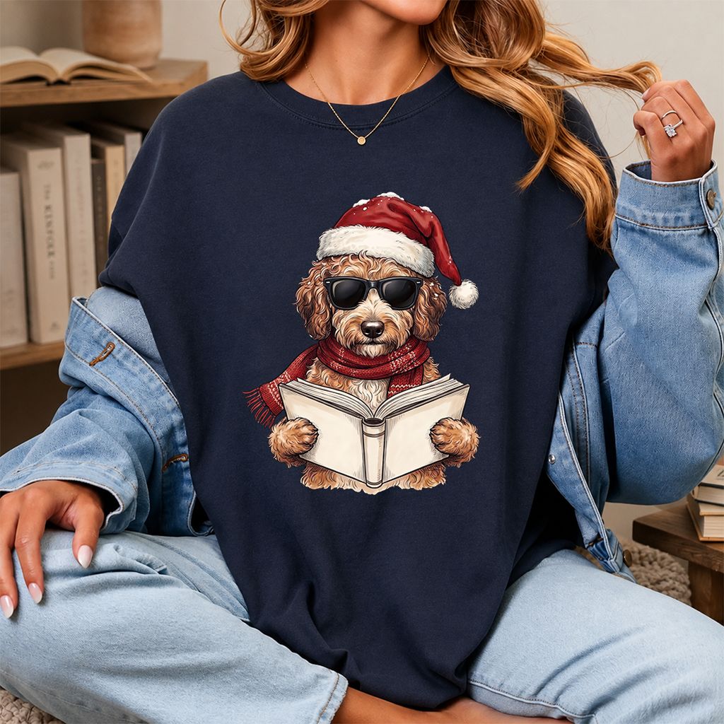 Festive Poodle Reading Printed T-Shirt | Cozy Christmas Book Lover Gift Navy