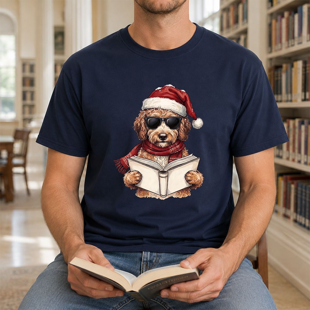 Festive Poodle Reading Printed T-Shirt | Cozy Christmas Book Lover Gift Navy