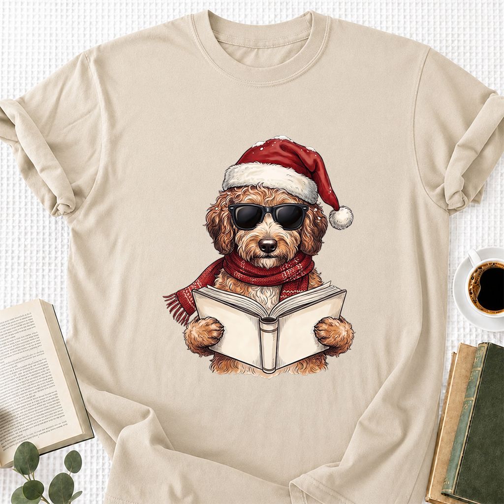 Festive Poodle Reading Printed T-Shirt | Cozy Christmas Book Lover Gift Sand